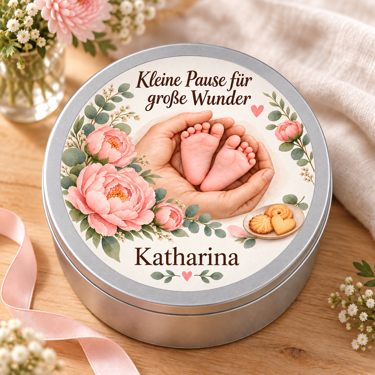 Personalisierte Keksdose mit Pfingstrosenbogen-Motiv als Dankeschön-Geschenk in warmer Umgebung