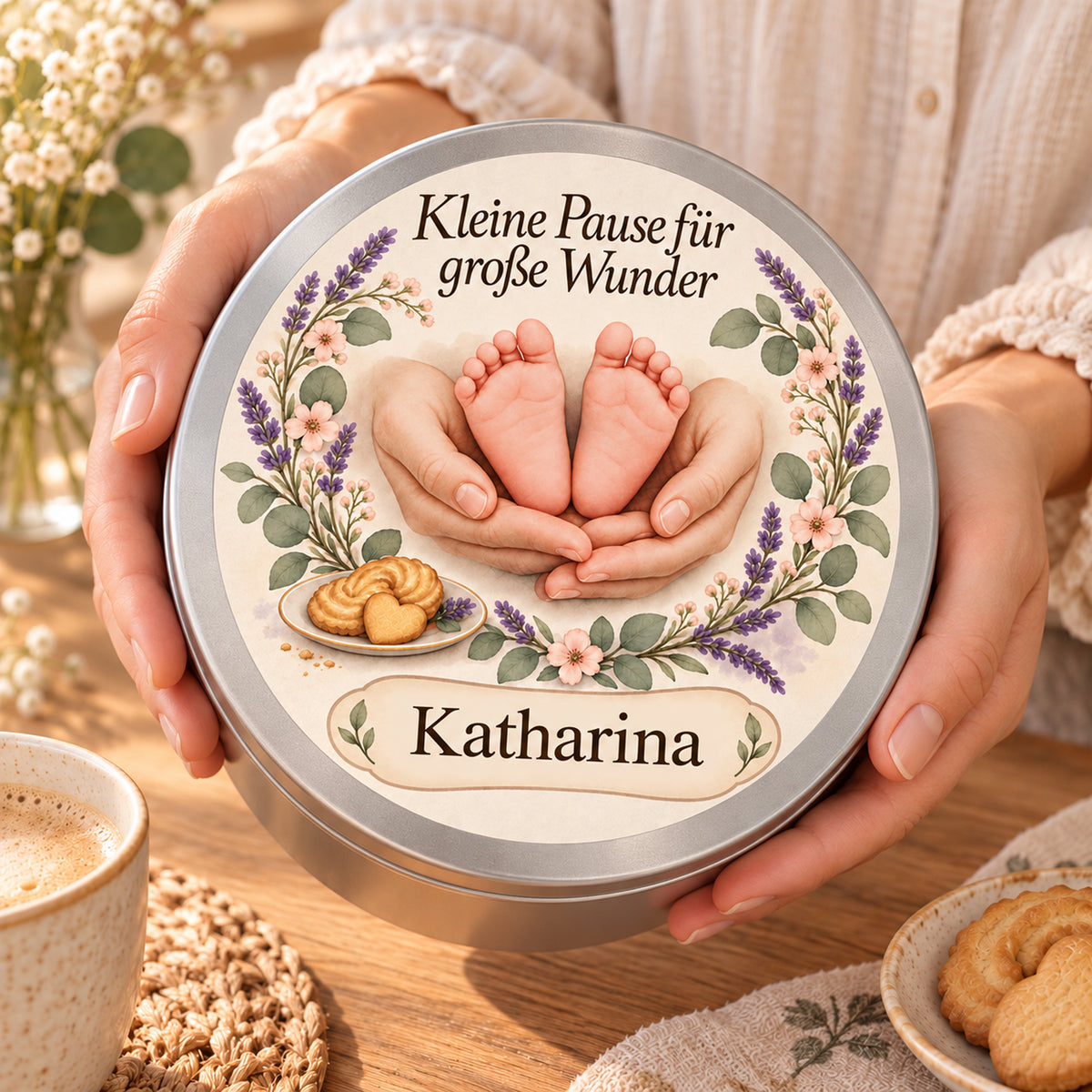 Hände halten die personalisierte Keksdose mit dem floralen Hebammenmotiv Lavendelherz