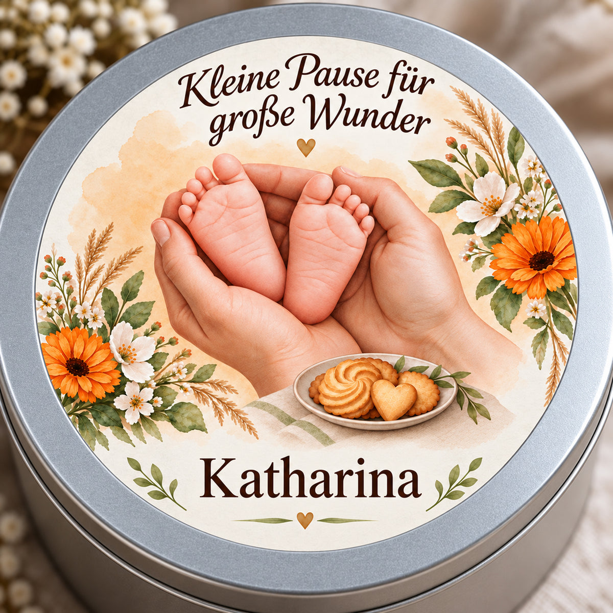 Detail des floralen Goldene Blütenruhe-Deckeldrucks mit Babyfüßen und Namensschrift