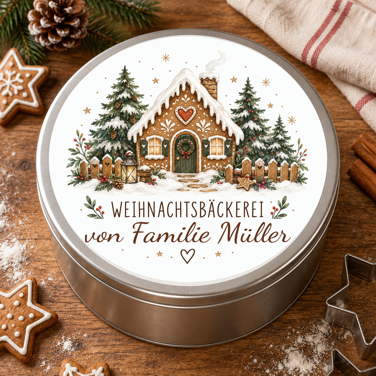 Keksdose mit Motiv Waldhäuschen in einer weihnachtlichen Backszene mit Gebäck.