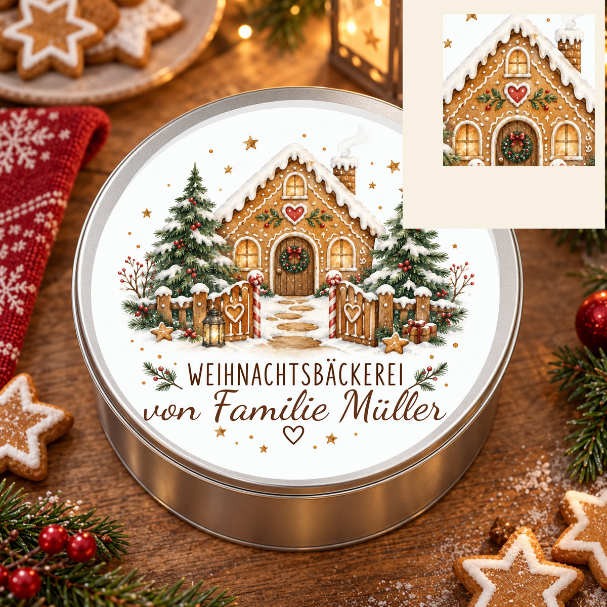 Keksdose Zuckerstangentor in weihnachtlicher Umgebung mit vergrößertem Ausschnitt des Druckmotivs.