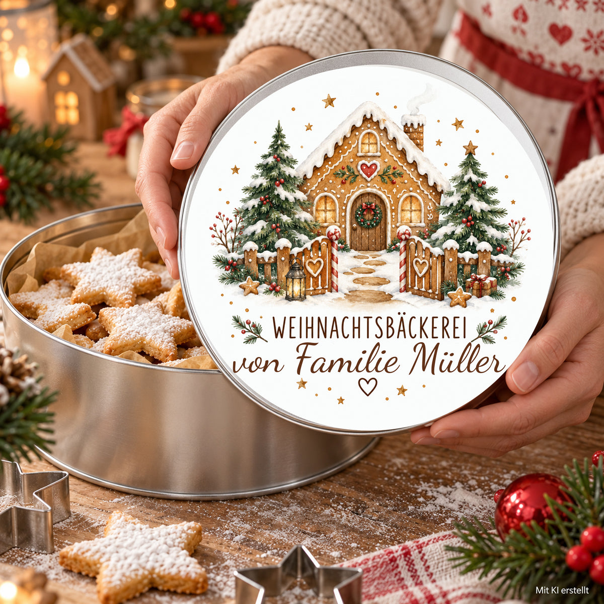 Hände halten eine personalisierte Keksdose mit dem Motiv Zuckerstangentor; Kennzeichnung als KI-Bild.