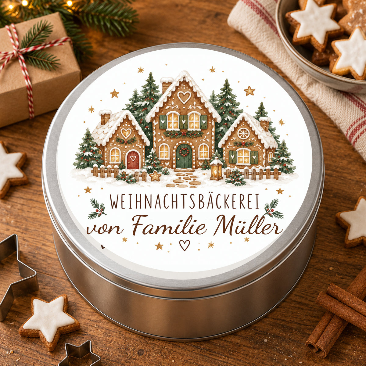 Keksdose mit Motiv Lebkuchendorf in einer weihnachtlichen Backszene mit Gebäck.