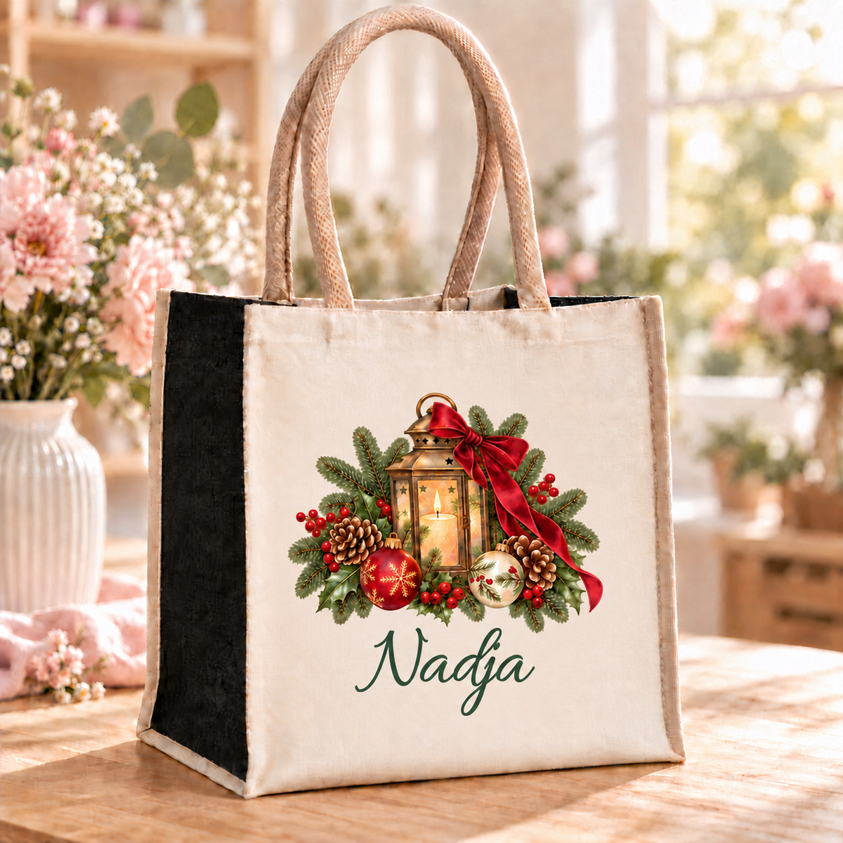 Personalisierte Weihnachtstasche mit Winterlaterne-Motiv auf einem Holztisch im Blumenatelier