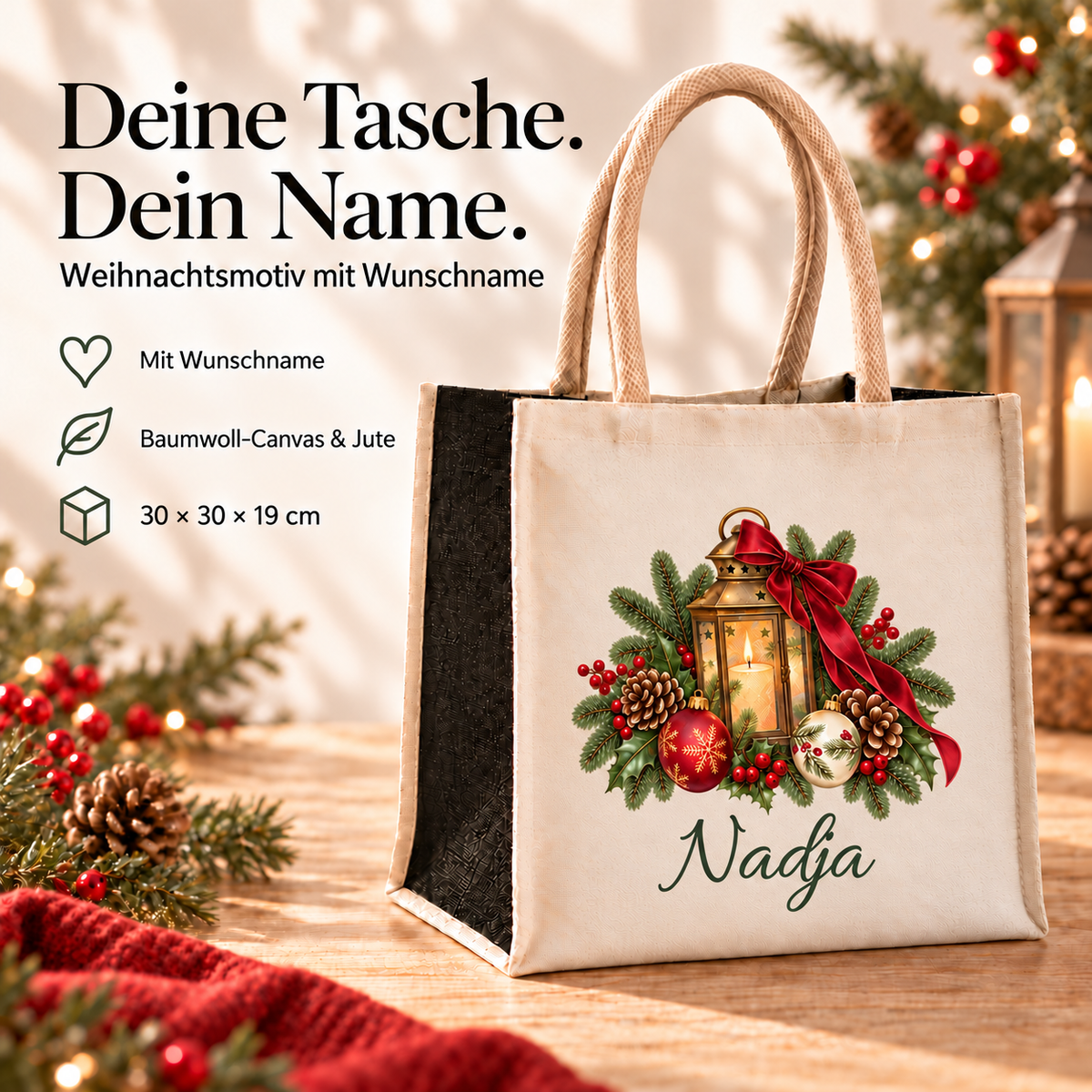 Weihnachtstasche mit Winterlaterne-Motiv neben Angaben zu Wunschname, Baumwoll-Canvas, Jute und Taschenmaßen