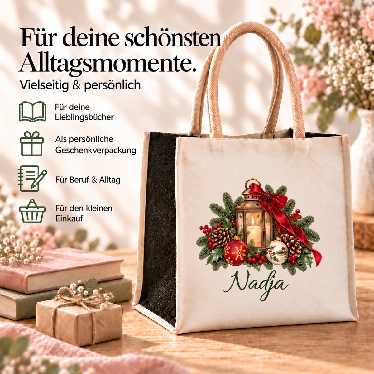 Personalisierte Einkaufstasche mit Winterlaterne-Motiv und Beispielen für Bücher, Geschenkverpackung, Beruf und Einkauf