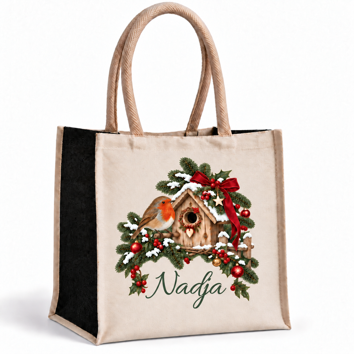 Naturfarbene Weihnachtstasche mit schwarzen Seiten, Rotkehlchen-Motiv und personalisiertem Namenszug vor weißem Hintergrund