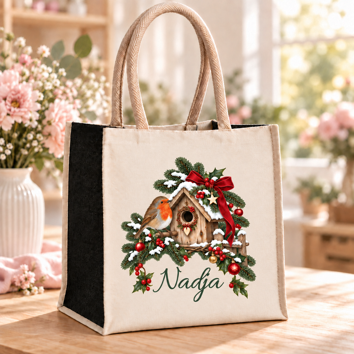 Personalisierte Weihnachtstasche mit Rotkehlchen-Motiv auf einem Holztisch im Blumenatelier