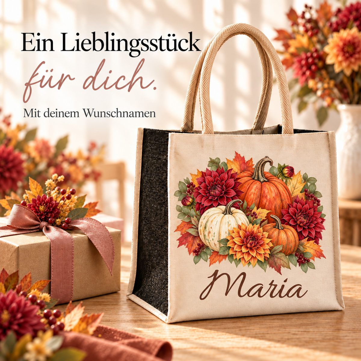 Tasche mit Kürbis und Dahlien und Wunschname in einer warmen Geschenkszene
