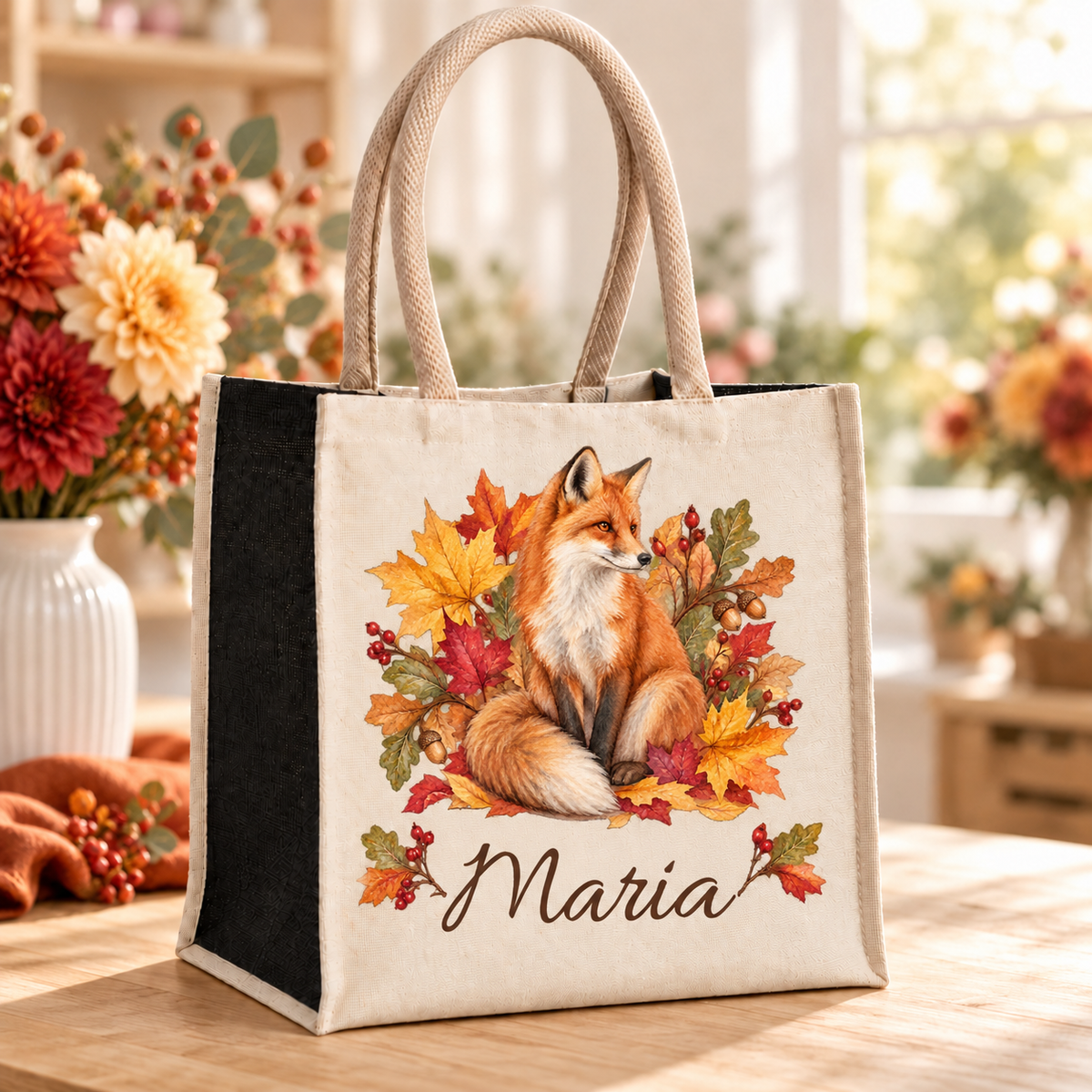 Baumwoll-Jute-Tasche mit Fuchs und Herbstlaub und Wunschname im Blumenatelier
