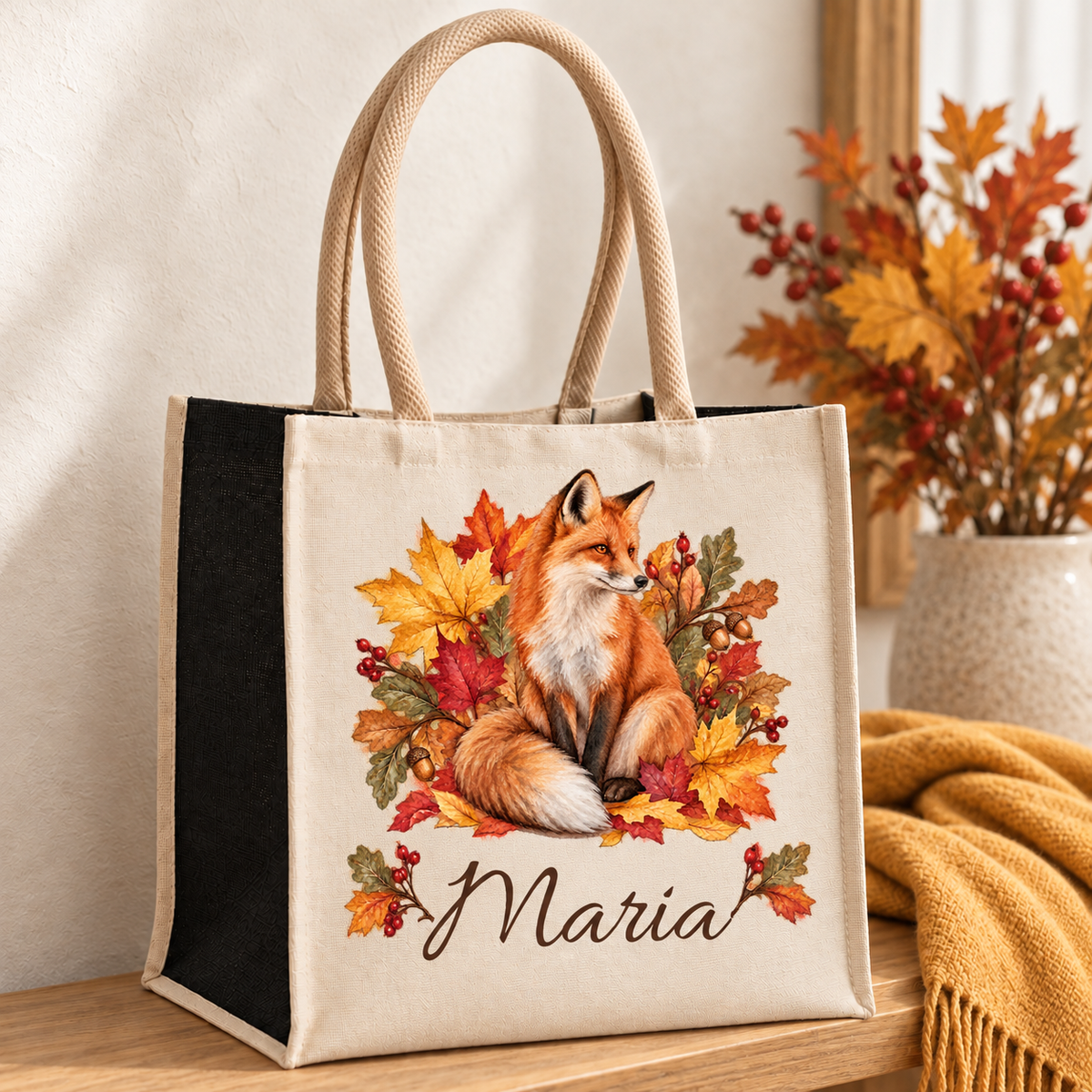 Baumwoll-Jute-Tasche mit Fuchs und Herbstlaub und Wunschname auf einer Holzbank