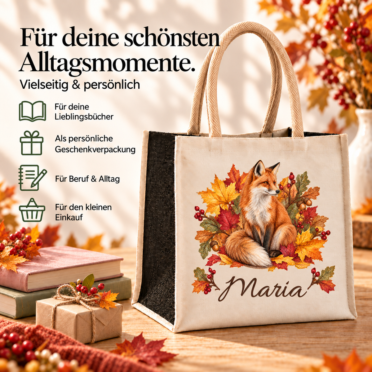 Tasche mit Fuchs und Herbstlaub und Wunschname für Einkauf und Alltag