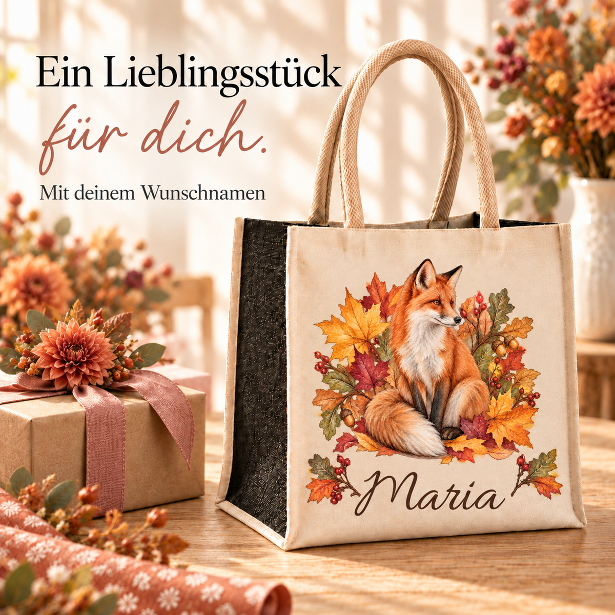 Tasche mit Fuchs und Herbstlaub und Wunschname in einer warmen Geschenkszene