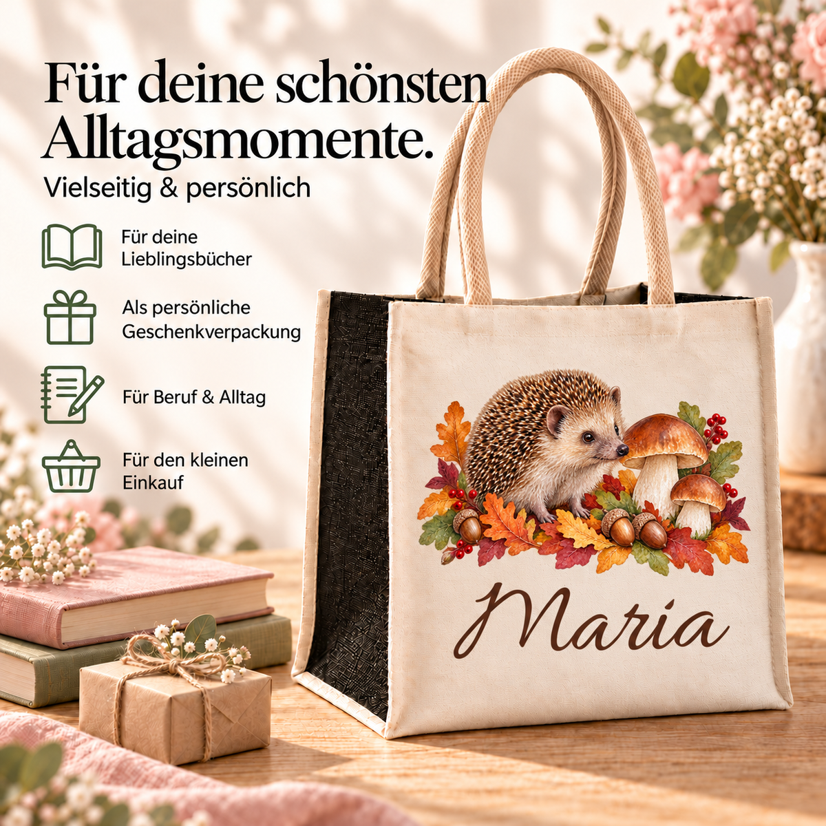 Tasche mit Igel und Pilzen und Wunschname für Einkauf und Alltag