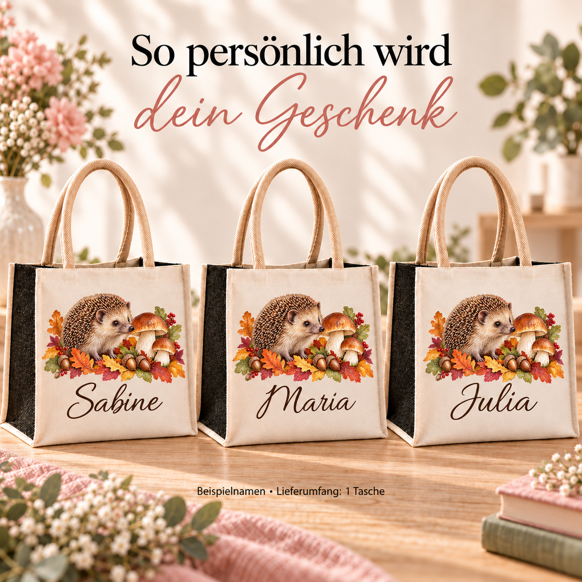 Mehrere Taschen mit Igel und Pilzen und unterschiedlichen Wunschnamen