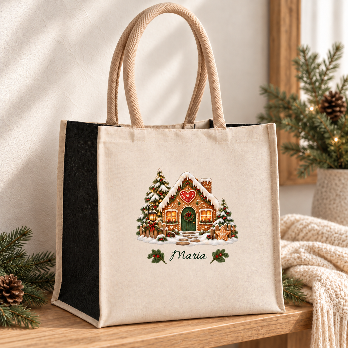Weihnachtstasche mit Namen – Lebkuchenhaus Herzhäuschen – Produktansicht 3
