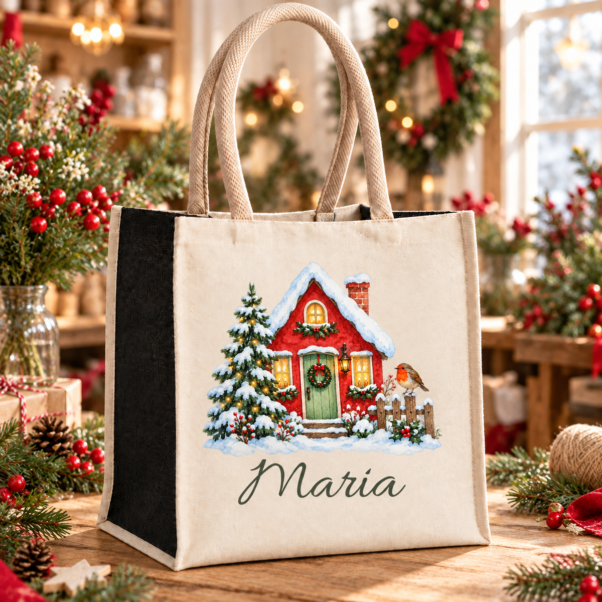Tasche mit Motiv „Winterhäuschen mit Rotkehlchen“ und Wunschname auf einem weihnachtlich dekorierten Arbeitstisch.