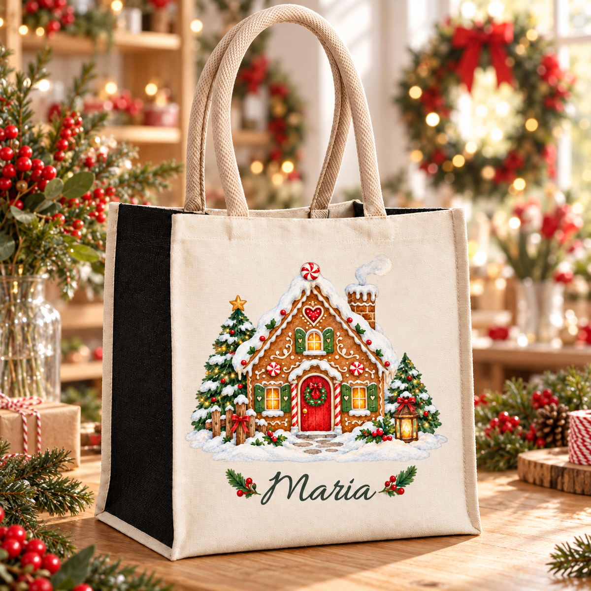 Tasche mit Motiv „Lebkuchenhäuschen“ und Wunschname auf einem weihnachtlich dekorierten Arbeitstisch.