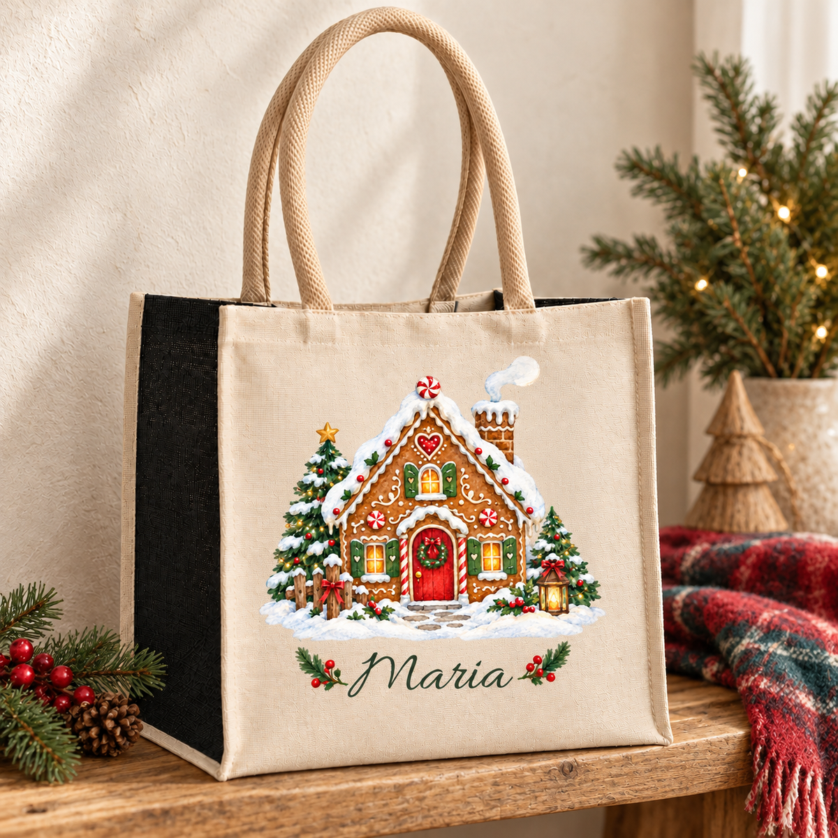 Personalisierte Tasche mit Motiv „Lebkuchenhäuschen“ auf einer Holzbank neben winterlicher Dekoration.