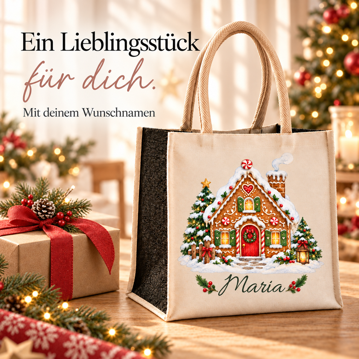 Tasche mit Motiv „Lebkuchenhäuschen“ und Wunschname neben einem weihnachtlich verpackten Geschenk.