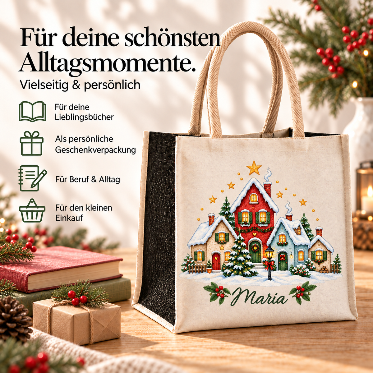 Tasche mit Motiv „Kleines Weihnachtsdorf“ und Ideen für Bücher, Geschenkverpackung, Alltag und kleine Einkäufe.