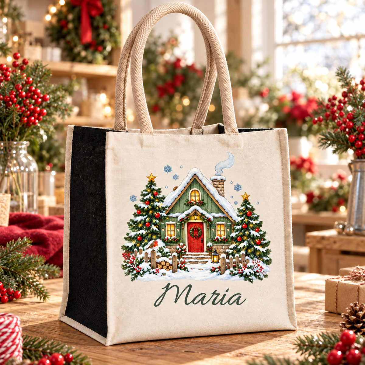 Tasche mit Motiv „Waldhäuschen mit Tannen“ und Wunschname auf einem weihnachtlich dekorierten Arbeitstisch.