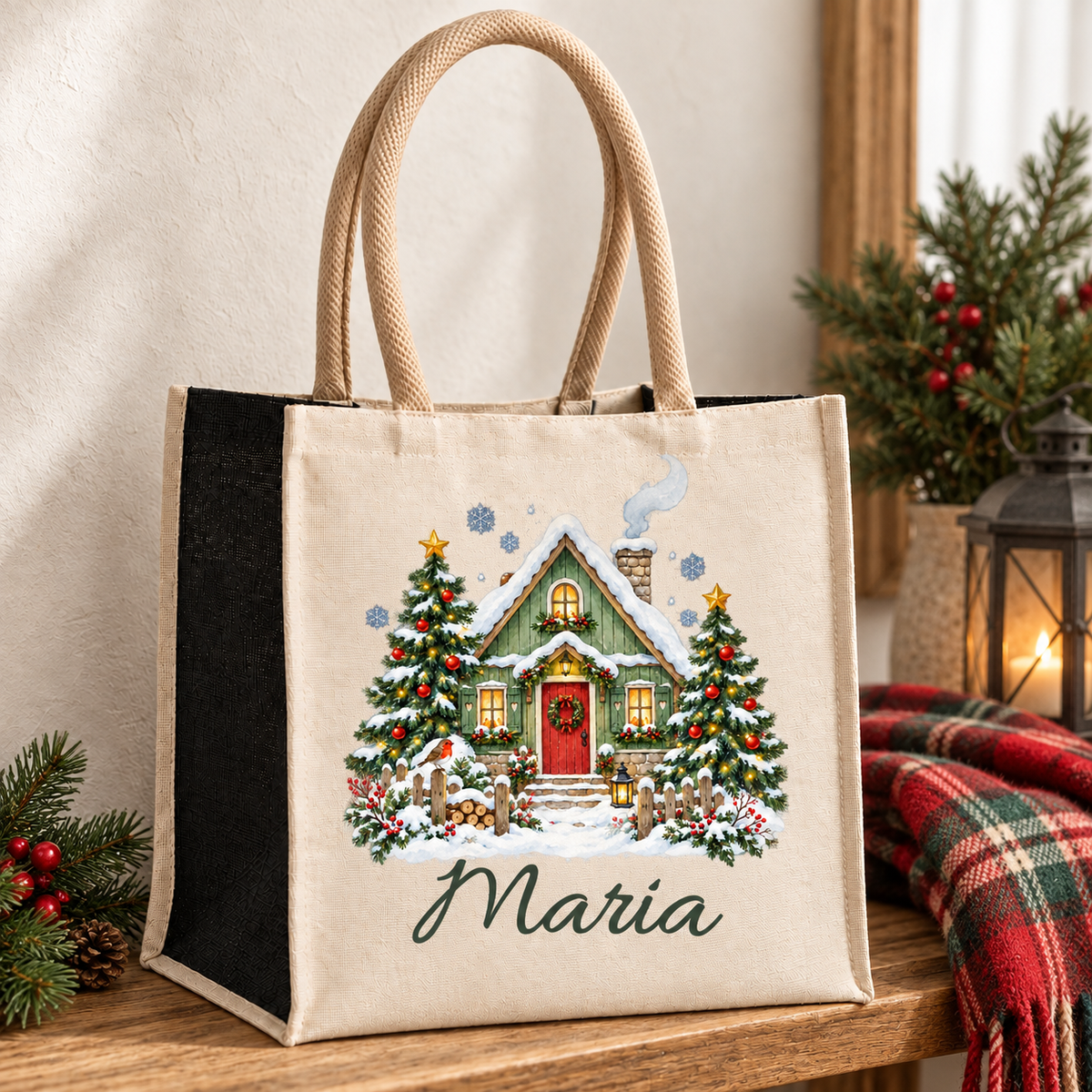 Personalisierte Tasche mit Motiv „Waldhäuschen mit Tannen“ auf einer Holzbank neben winterlicher Dekoration.