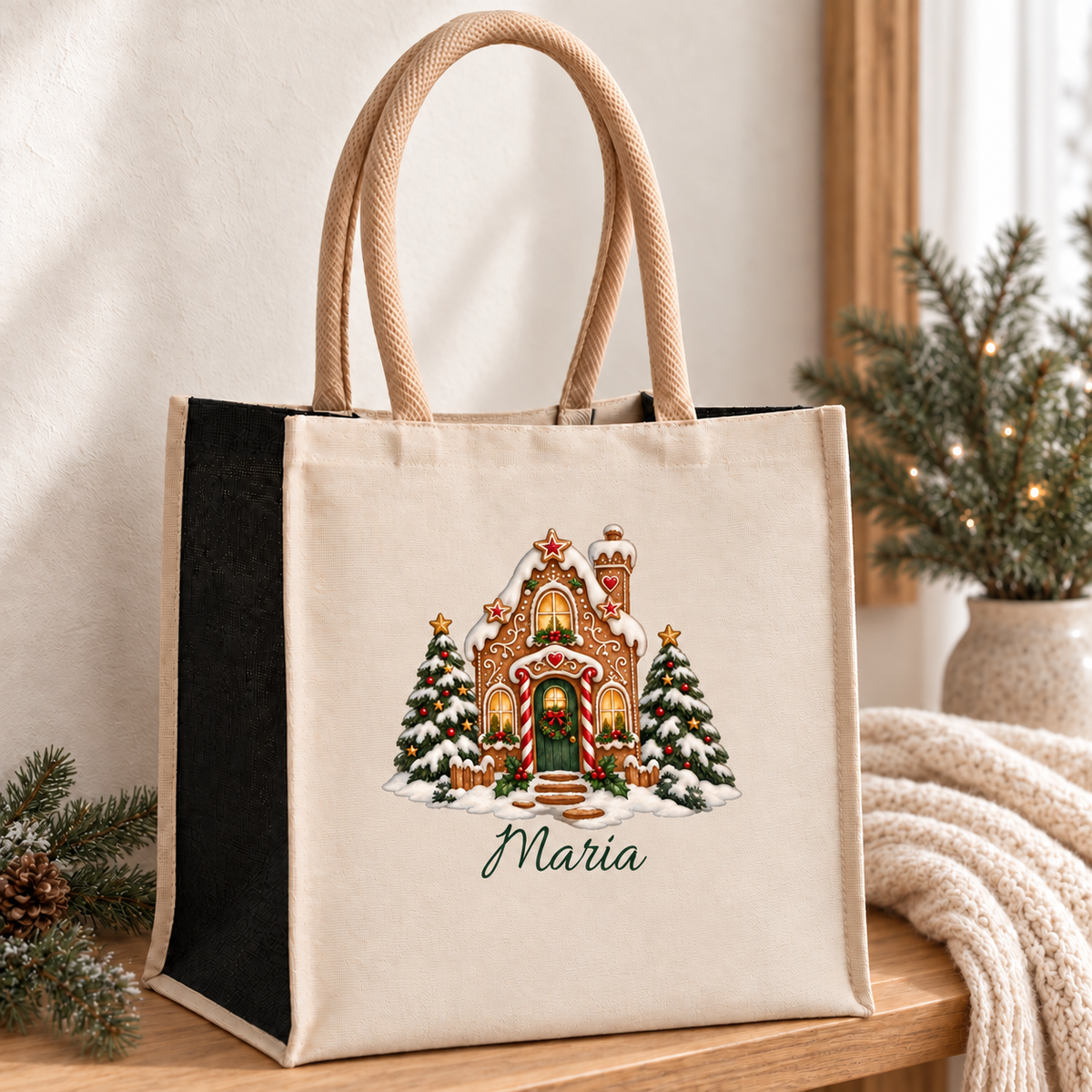 Weihnachtstasche mit Namen – Lebkuchenhaus Zuckerstangenhaus – Produktansicht 3
