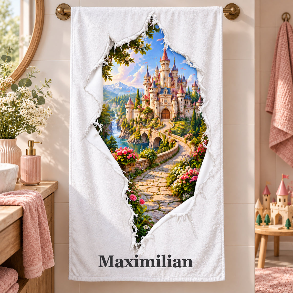 Handtuch mit Märchenschloss-Motiv und Wunschname im Badezimmer mit rosafarbenen Akzenten.