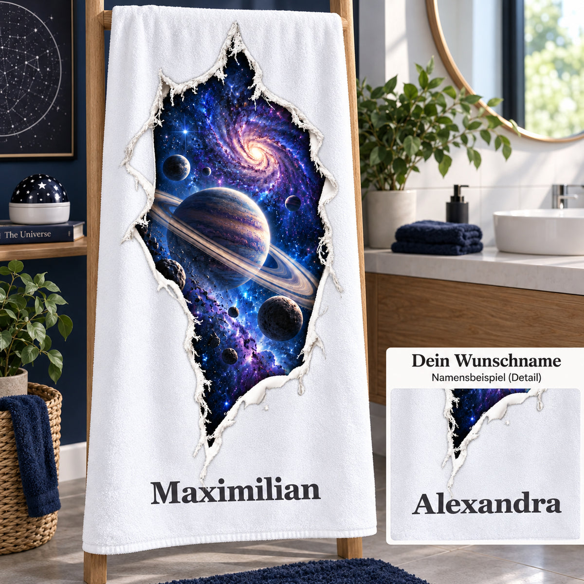 Handtuch mit Galaxie-Aufdruck und vergrößertem Namensdetail zur Personalisierung.