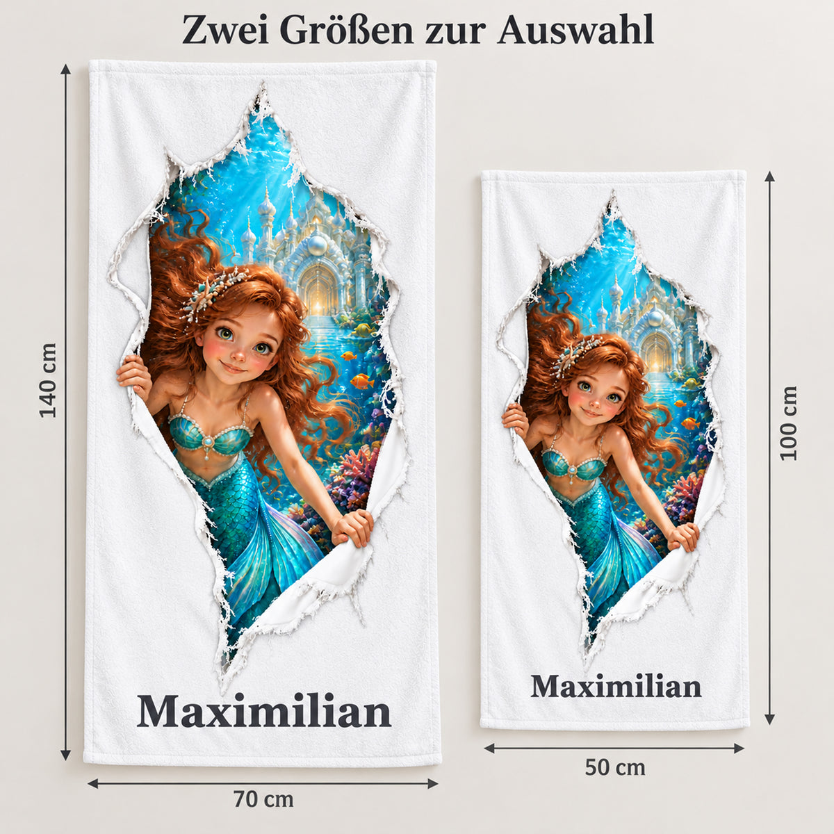 Zwei Größen des Handtuchs mit Meerjungfrau-Motiv im Vergleich: 70 × 140 cm und 50 × 100 cm.