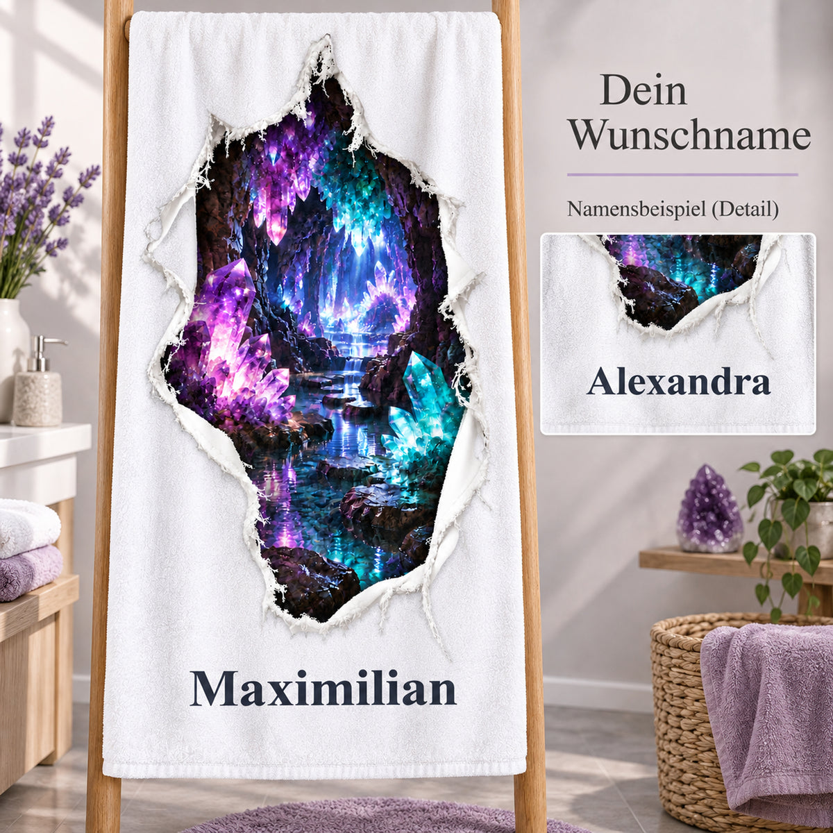 Handtuch mit Kristallhöhle-Aufdruck und vergrößertem Namensdetail zur Personalisierung.