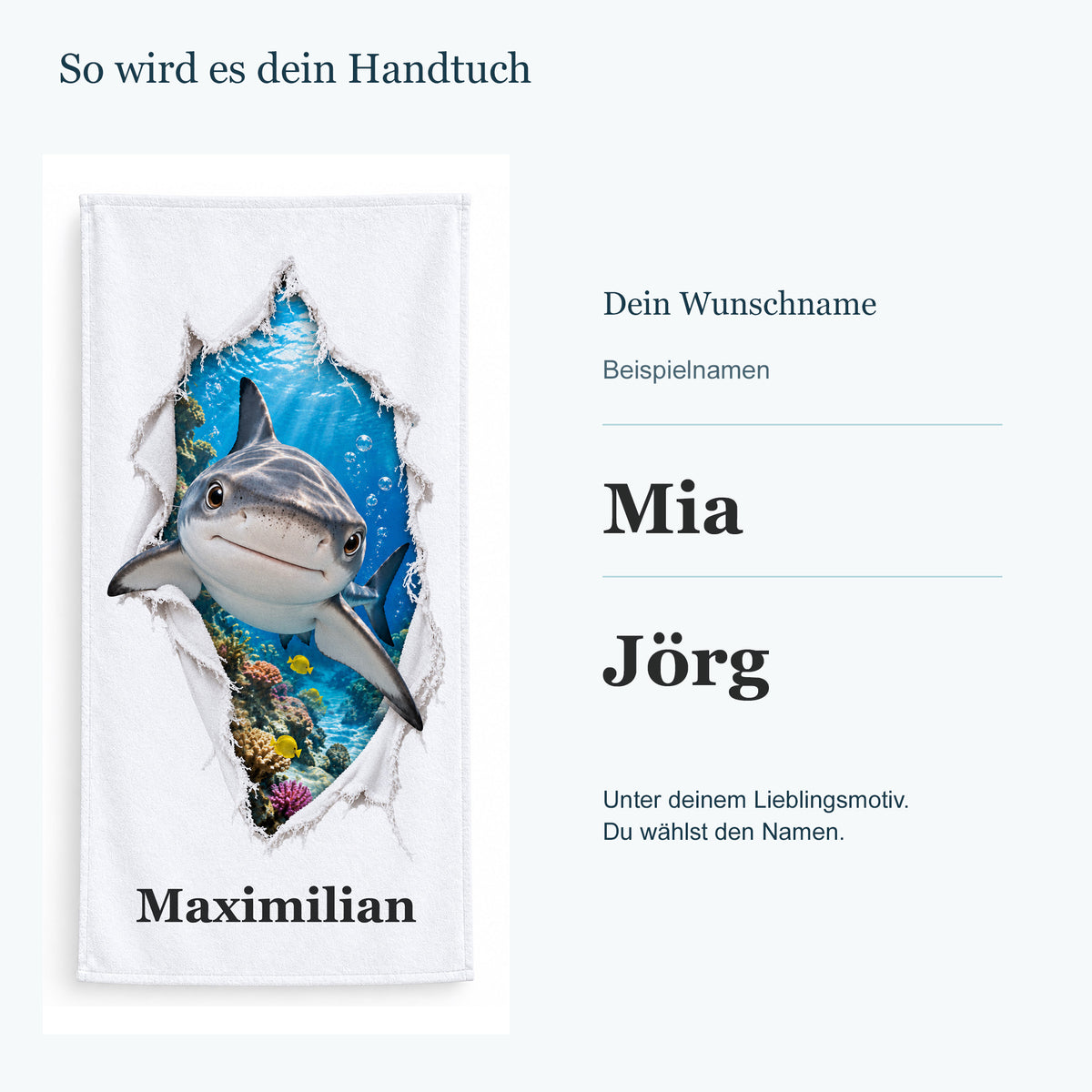 Handtuch mit einem freundlichen Hai neben getrennten Beispielnamen in kräftiger Serifenschrift.
