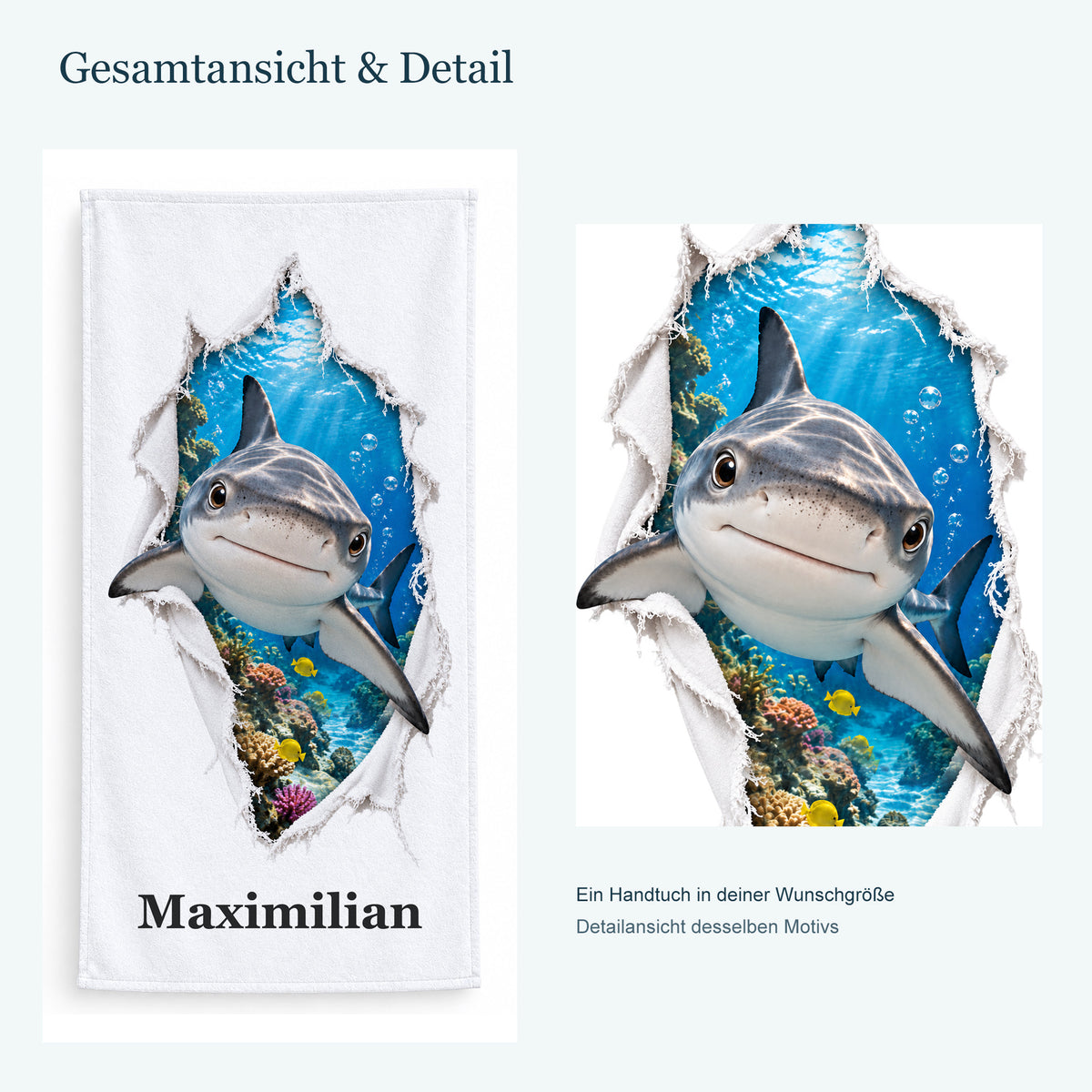 Ganzes Handtuch mit einem freundlichen Hai und vergrößerter Detailansicht desselben Druckmotivs.