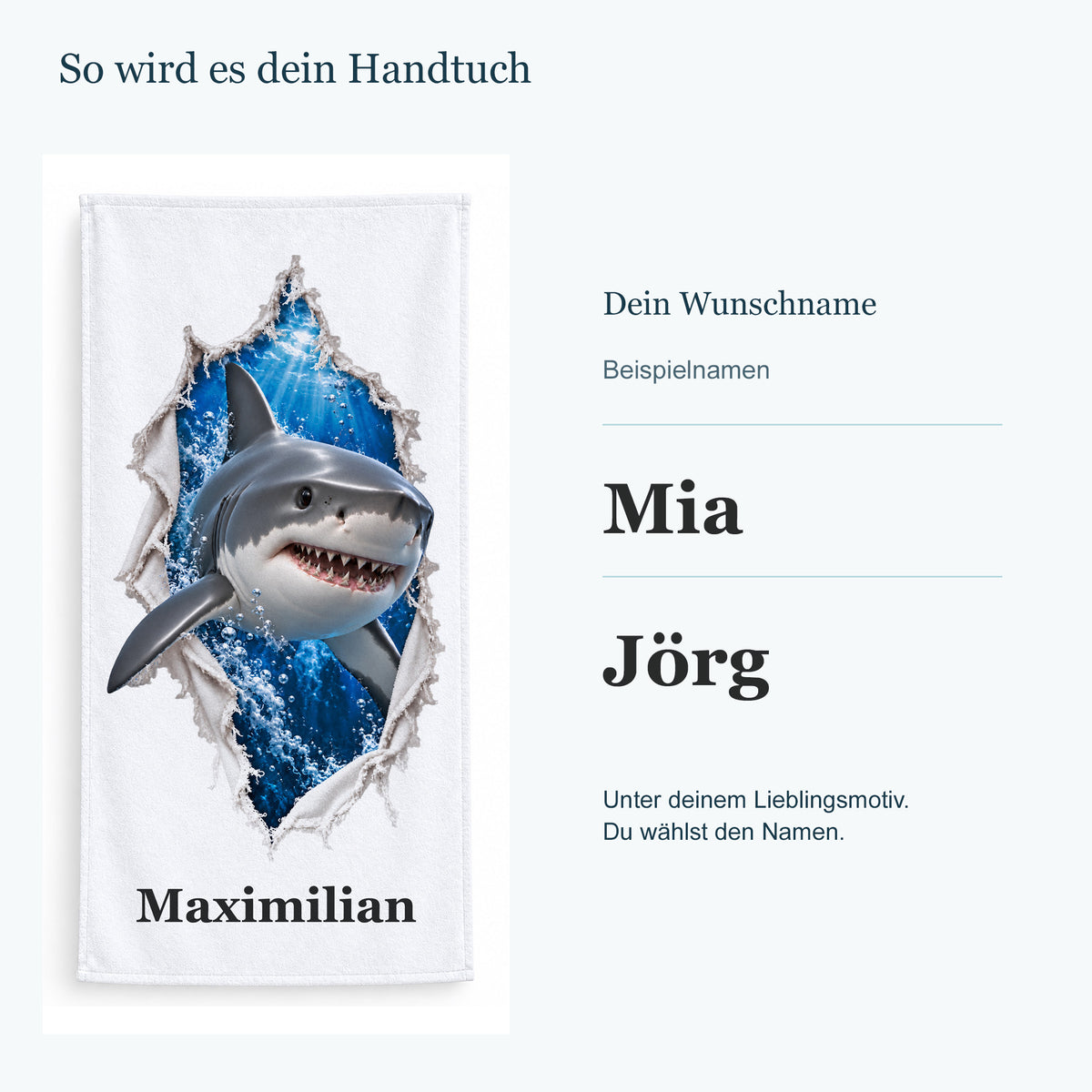 Handtuch mit einem Weißen Hai neben getrennten Beispielnamen in kräftiger Serifenschrift.