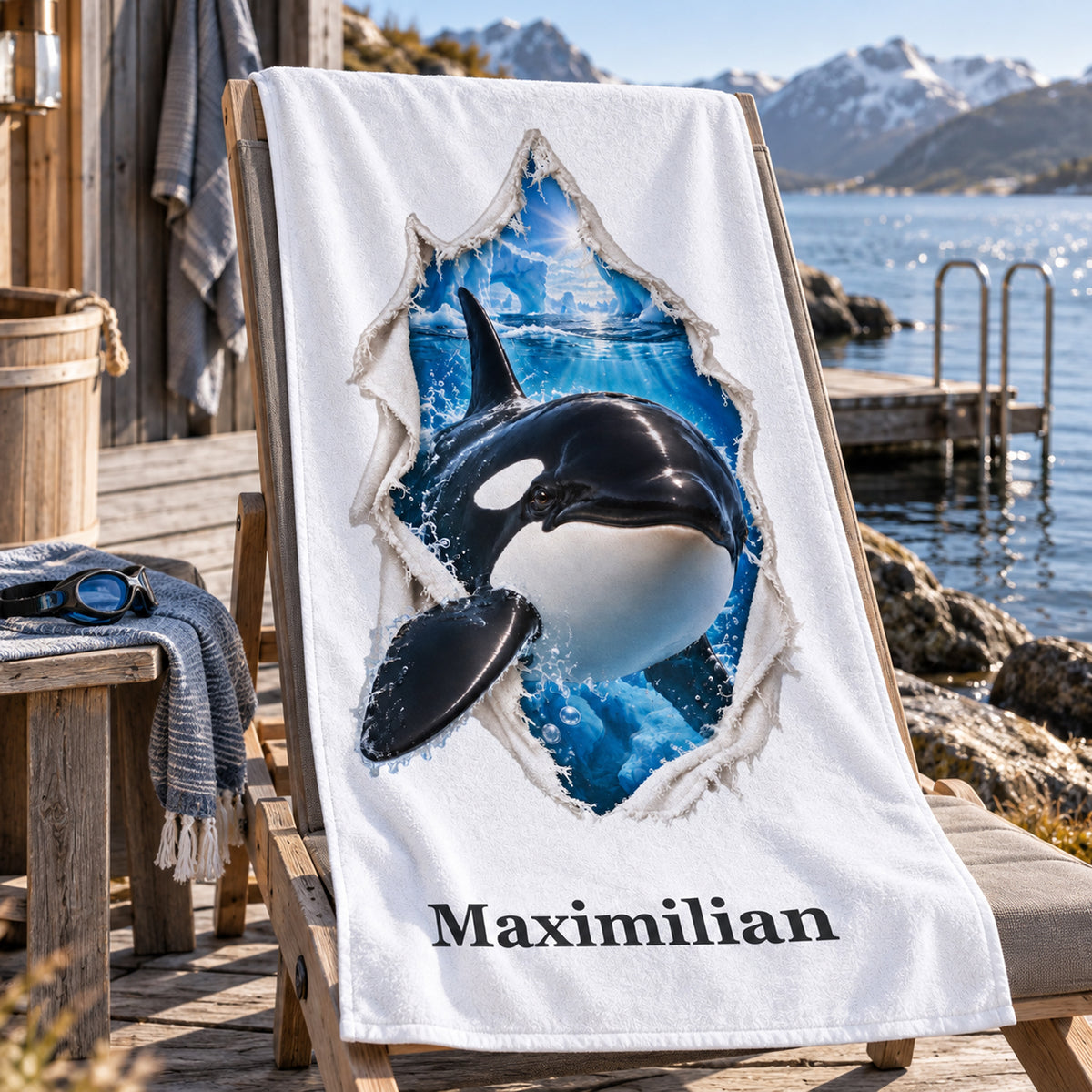 Handtuch mit einem Orca und Wunschname in einer Szene am Wasser.