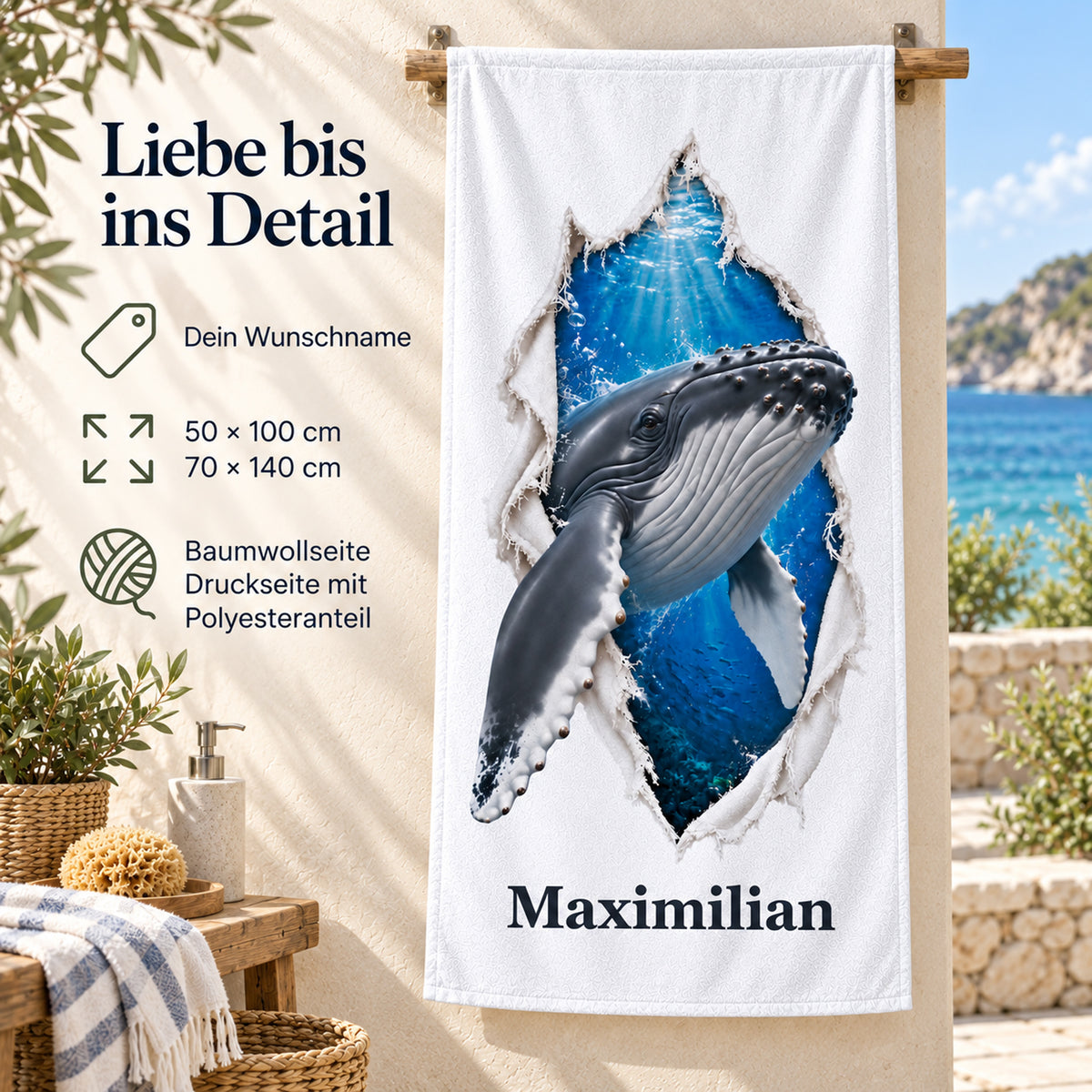Handtuch mit einem Buckelwal: Produktdetails zu Wunschname, beiden Größen und Material.