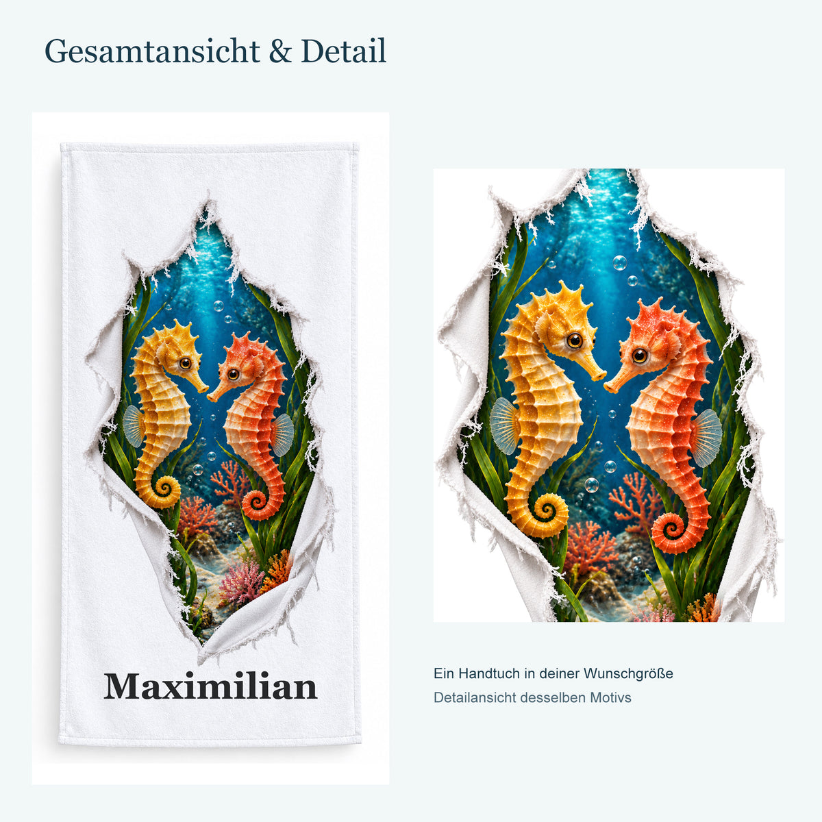 Ganzes Handtuch mit zwei Seepferdchen und vergrößerter Detailansicht desselben Druckmotivs.
