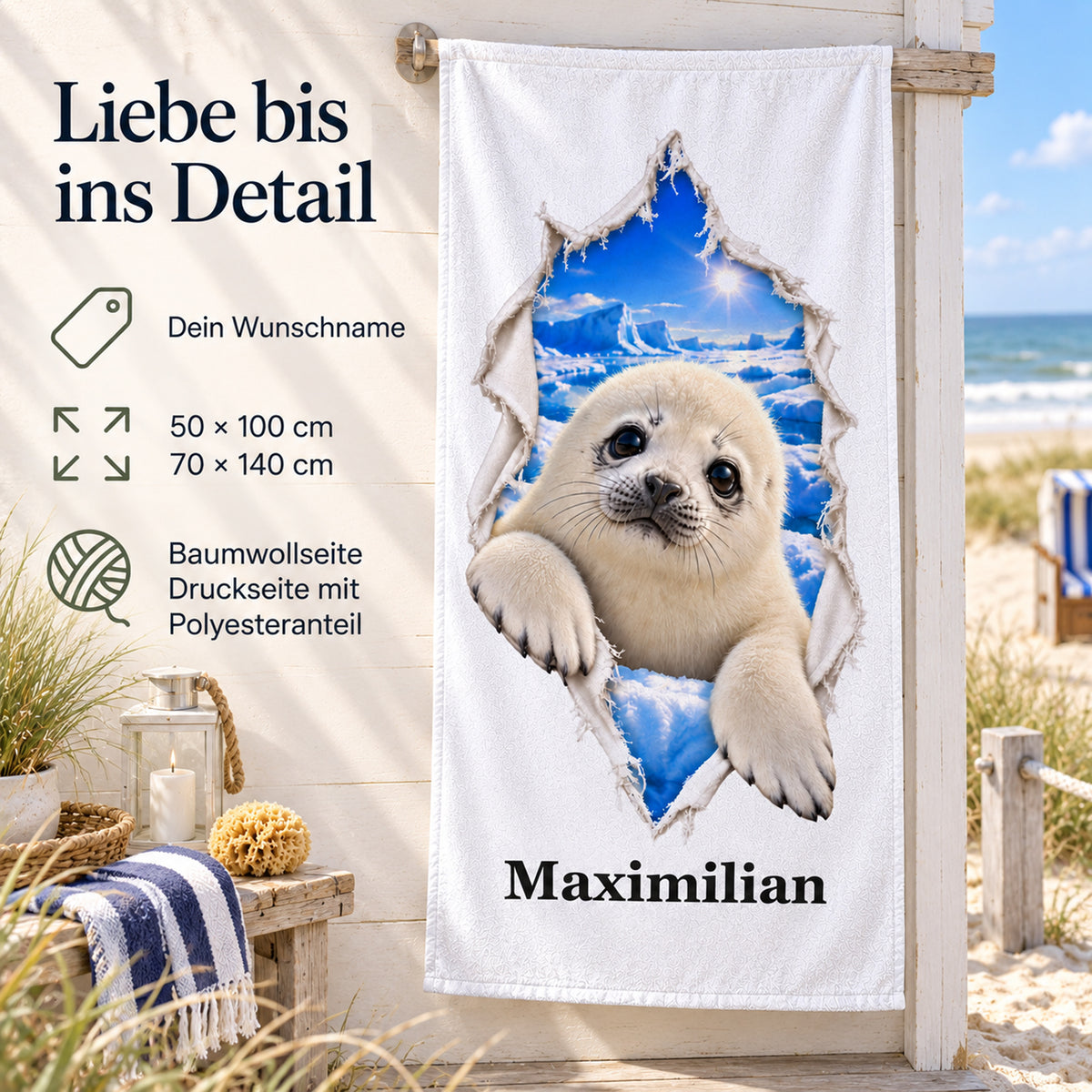Handtuch mit einem Robbenbaby: Produktdetails zu Wunschname, beiden Größen und Material.
