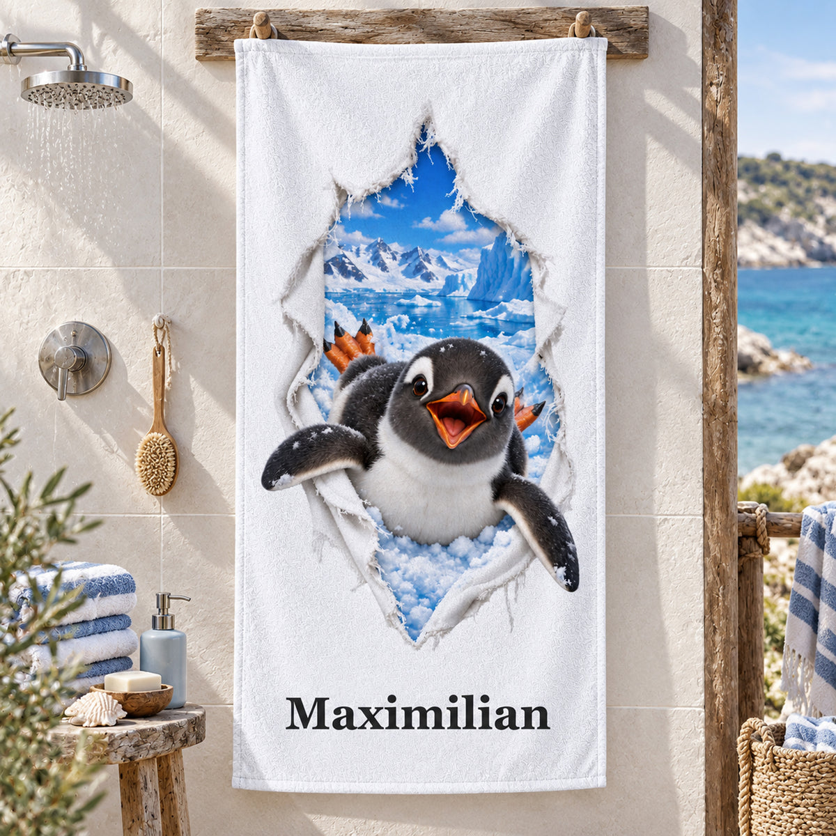 Handtuch mit einem Pinguin und Wunschname an einer Handtuchstange in maritimer Umgebung.
