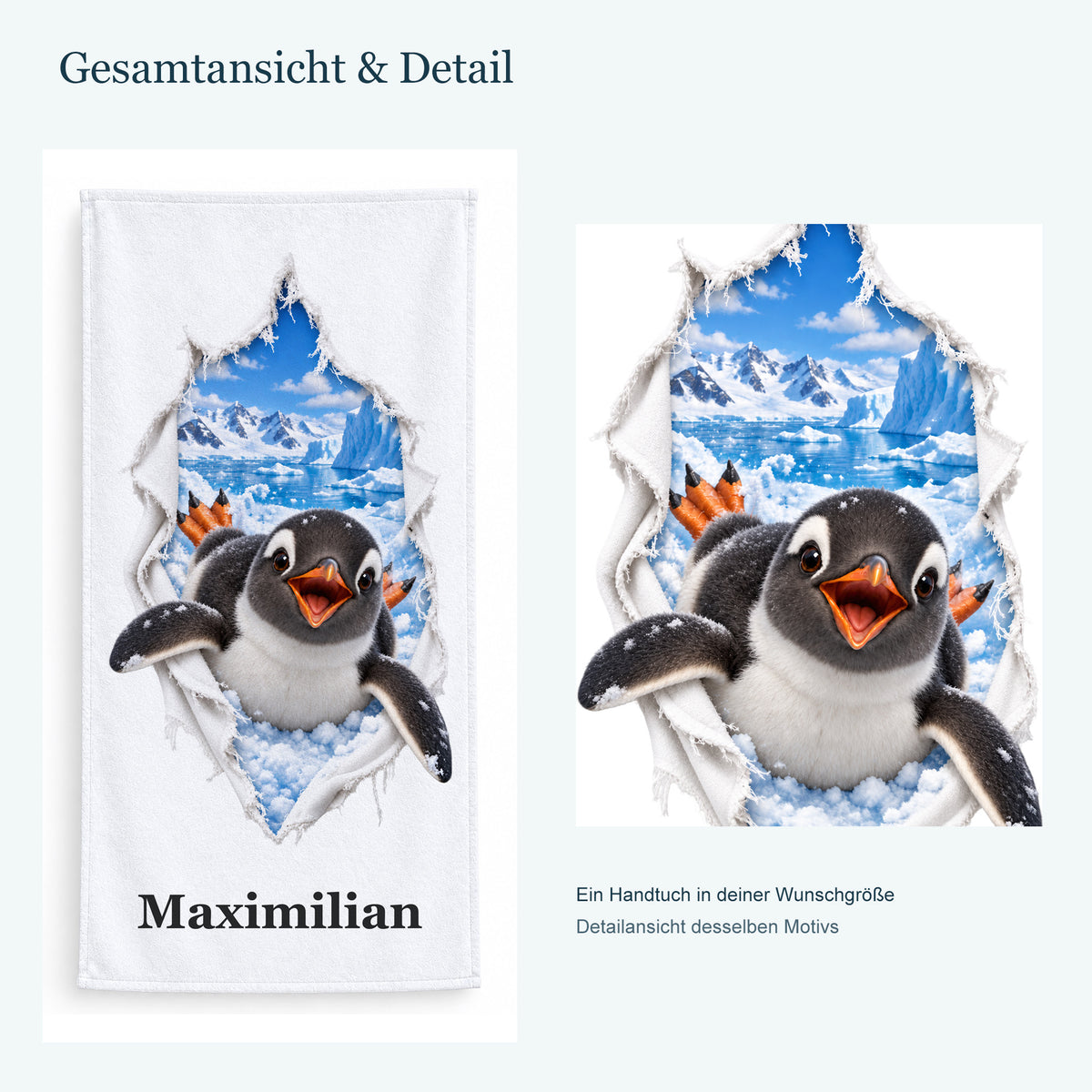 Ganzes Handtuch mit einem Pinguin und vergrößerter Detailansicht desselben Druckmotivs.