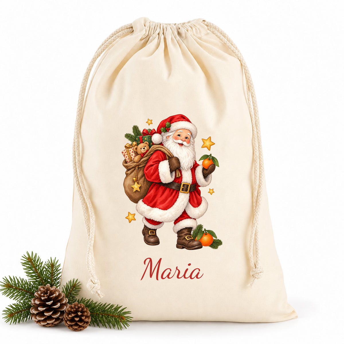 Naturfarbener Geschenksack mit Nikolaus-Motiv und rotem Wunschnamen, Tannengrün und Zapfen