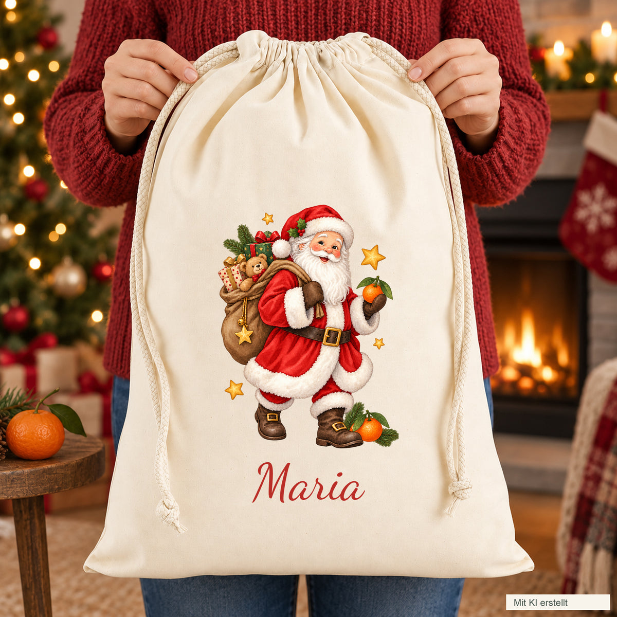 Zwei Hände präsentieren einen naturfarbenen Nikolaus-Geschenksack mit Namensaufdruck