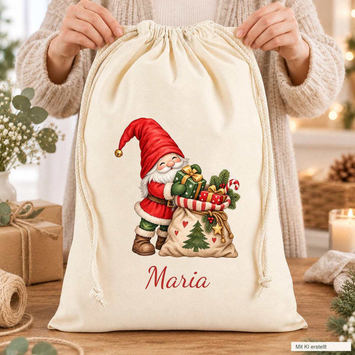 Zwei Hände präsentieren einen naturfarbenen Wichtel-Geschenksack mit Namensaufdruck