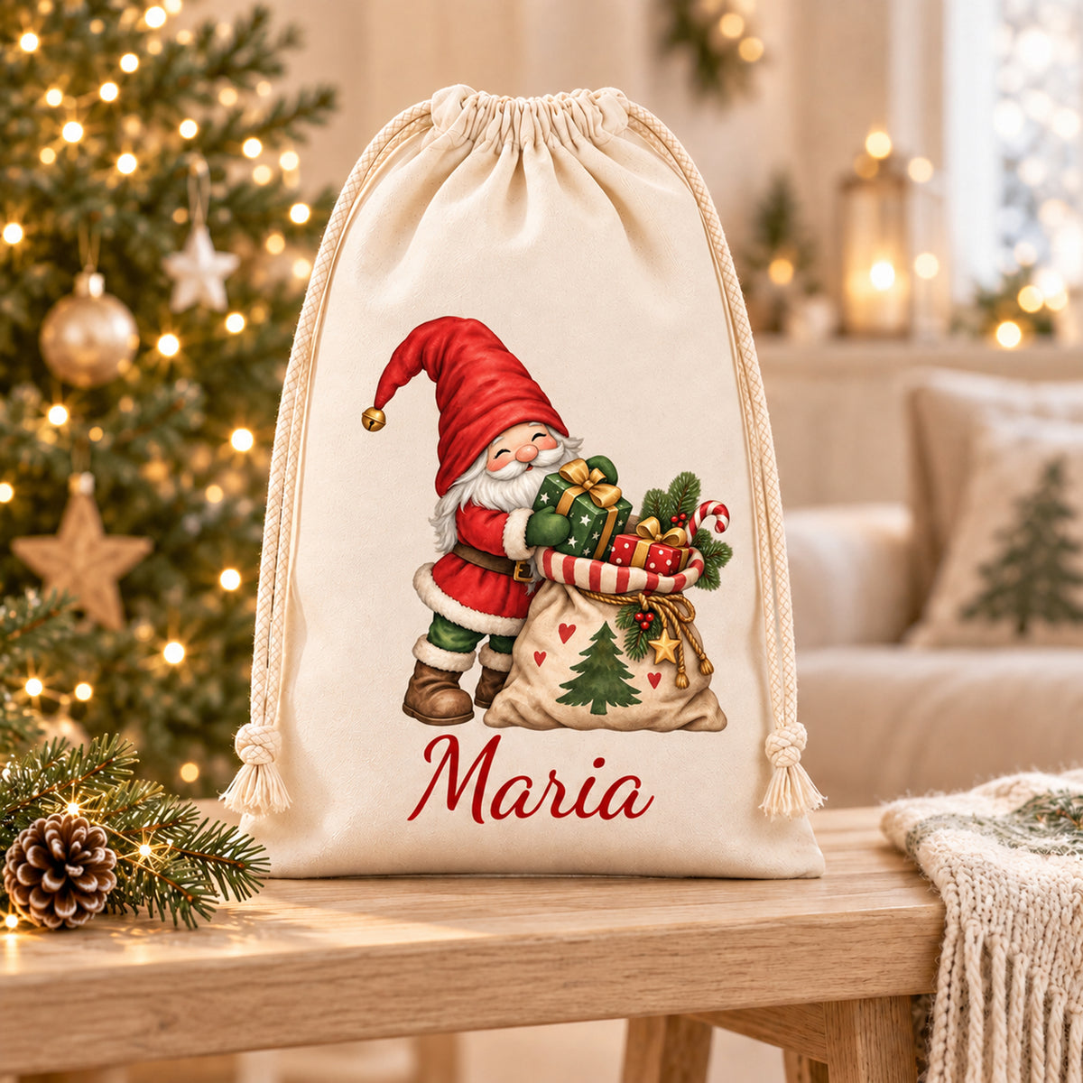 Personalisierter Wichtel-Geschenksack mit passender Weihnachtsdekoration