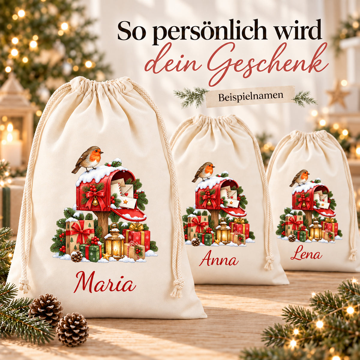 Drei Weihnachtspost-Geschenksäcke mit verschiedenen Beispielnamen in roter Schrift