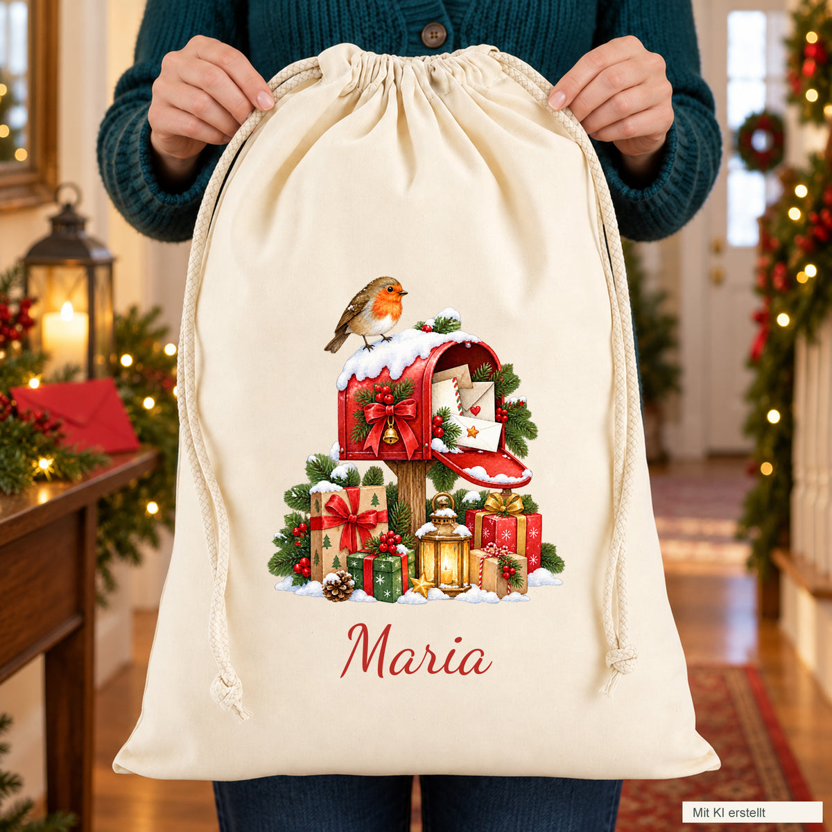 Zwei Hände präsentieren einen naturfarbenen Weihnachtspost-Geschenksack mit Namensaufdruck