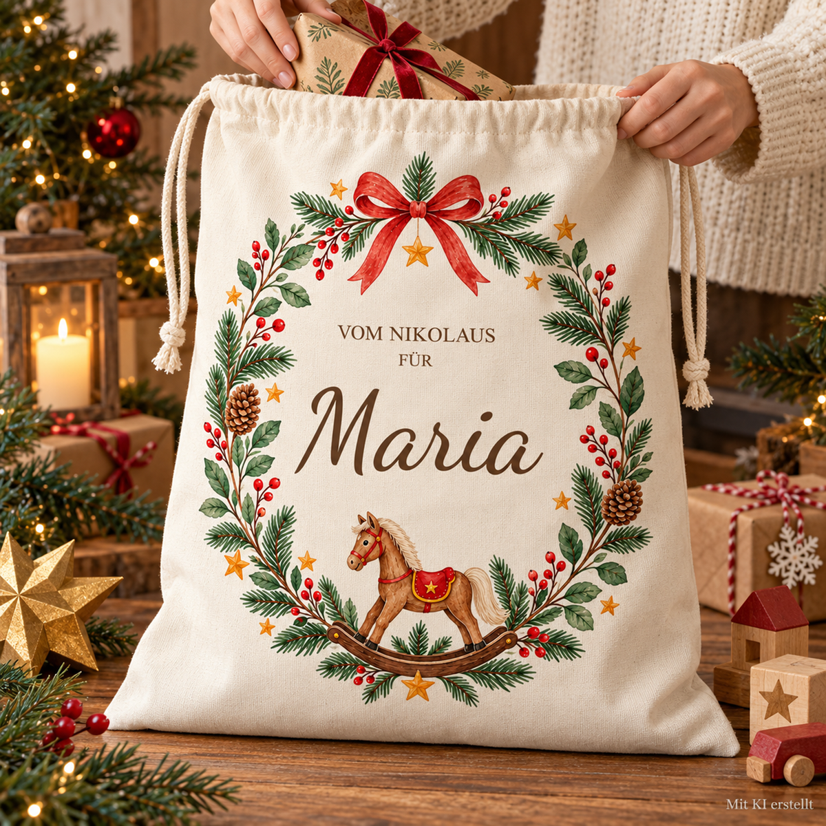 Hände stecken ein Geschenk in den geöffneten Nikolaussack mit Schaukelpferdkranz und Wunschname; die Weihnachtskulisse trägt unten rechts Mit KI erstellt.
