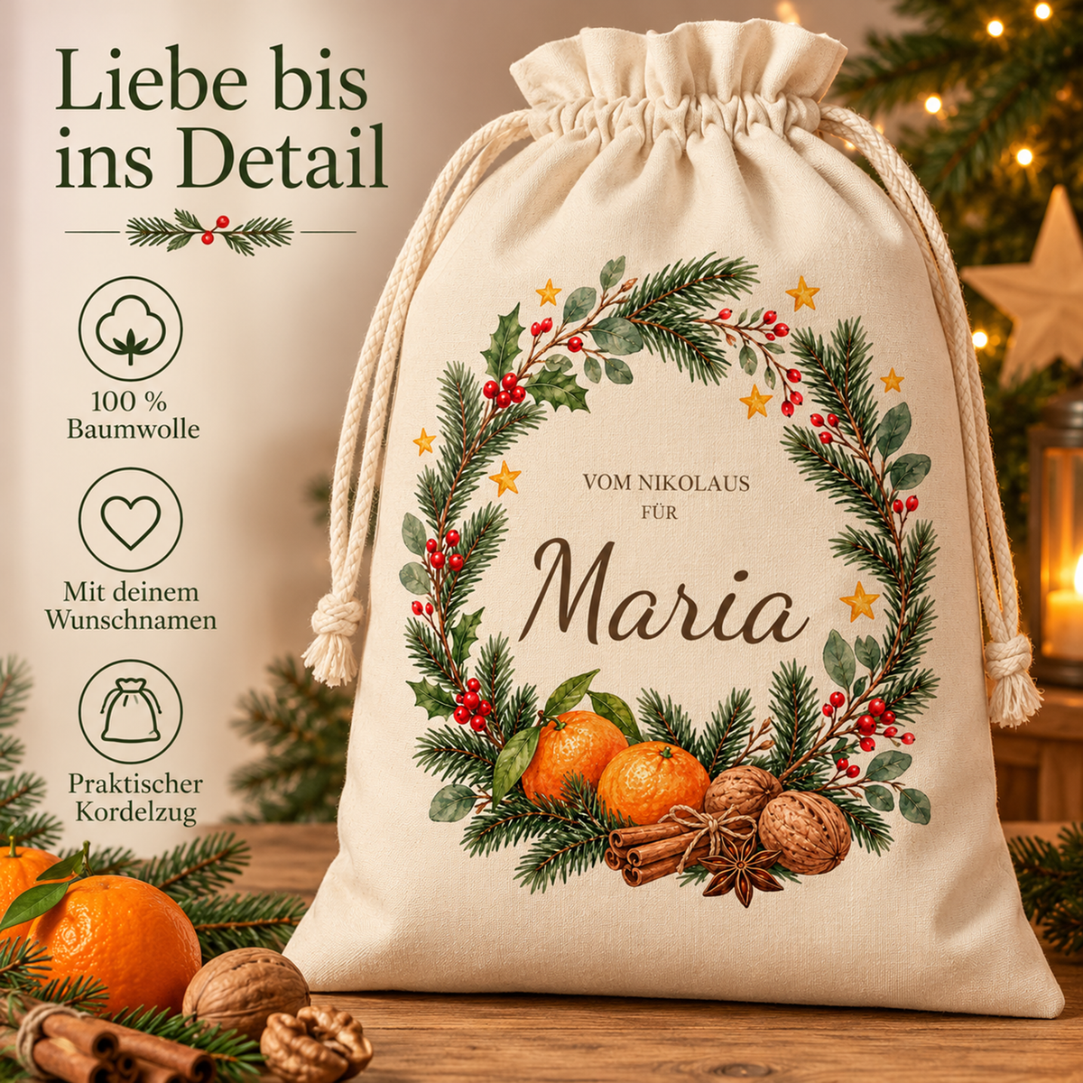 Nikolaussack mit Mandarinenkranz neben drei Hinweisen zu Baumwolle, Wunschnamen und Kordelzug unter der Überschrift Liebe bis ins Detail.