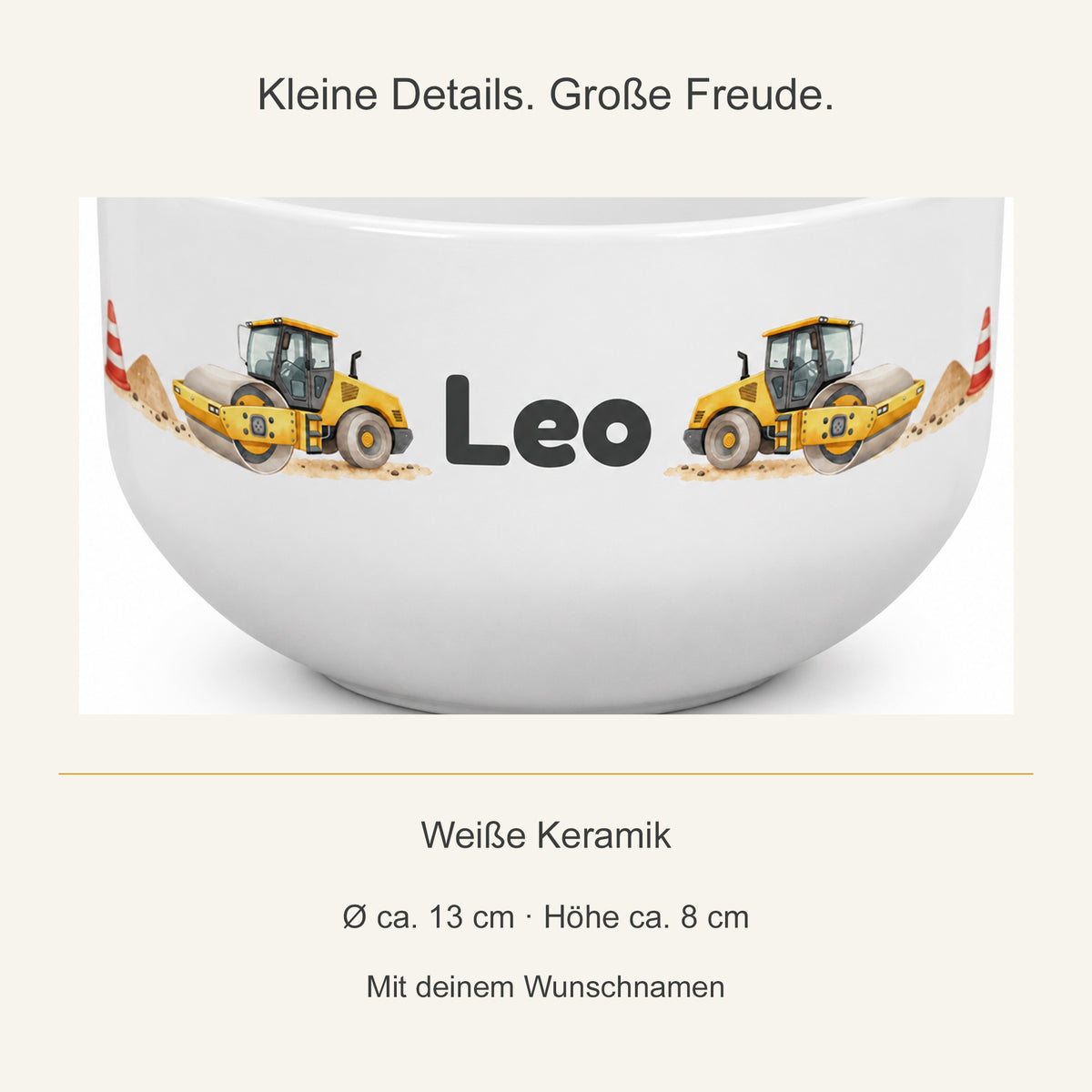Detail des Straßenwalze-Aufdrucks auf weißer Keramik